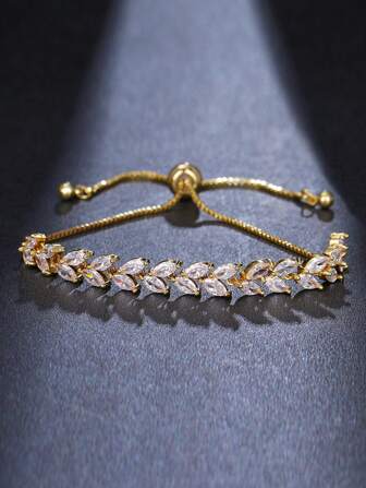 1pc Fashionable European And American Style Bridal Leaf Shaped Cubic Zirconia Detail Adjustable Bracelet For Women Elegant Royal Back To School