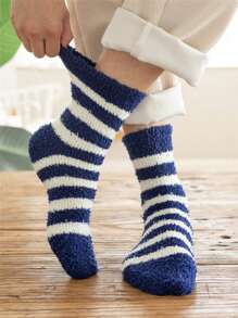 1pair Men's Winter Half Terry Thermal Thick Floor Socks, Mid-calf Length - Royal Blue - View 1