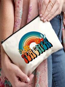 彩虹花卉教師卡通圖案,米白色聚酯纖維可折疊拉鍊收納袋,化妝袋,化妝包,適用於個人旅行,大學生化妝收納,回饋老師的開學禮物,化妝包,化妝包,收納禮物,感謝老師的禮物 - 米色 - 查看 3