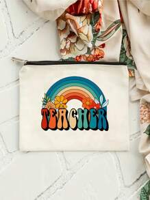 彩虹花卉教師卡通圖案,米白色聚酯纖維可折疊拉鍊收納袋,化妝袋,化妝包,適用於個人旅行,大學生化妝收納,回饋老師的開學禮物,化妝包,化妝包,收納禮物,感謝老師的禮物 - 米色 - 查看 2