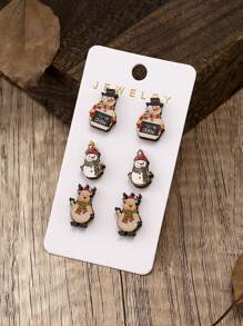 3 對/套木製聖誕樹、聖誕老人、雪人、馴鹿耳釘套裝 - 彩色 - 查看 1