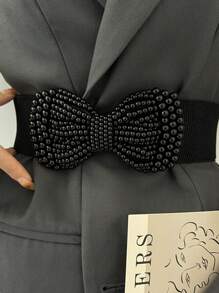 Cute 1pc Lady Faux Pearl Bowknot Waist Belt, Elastic, Suitable For Dress, Shirt, Etc. Halloween Valentine's Day Valentines Summer, School Fall, Autumn, Halloween - Black - View 3