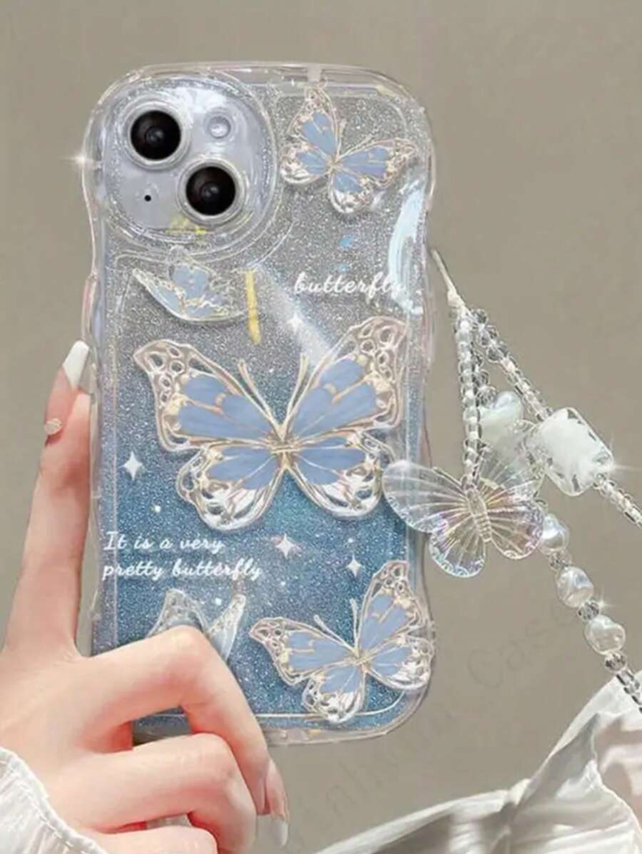带手机饰品 1 个手机壳，带有海浪泡泡印花和蓝色渐变闪光纸背景，配有蝴蝶吊坠和表带装饰，兼容 iPhone - 彩色 - 查看 1
