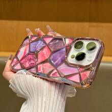1 件粉色 Imd 電鍍防摔保護殼,帶鑽石網格和大理石設計貼紙,兼容 Iphone - 粉色 - 查看 13