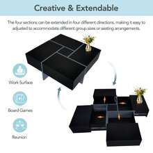 VERYKE Unique Design Coffee Table with 4 Hidden Storage Compartments, Square Cocktail Table with Extendable Sliding Tabletop, UV High-gloss Design Center Table for Living Room