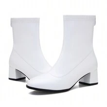 Women's Go Go Boots Mid Calf Block Heel Zipper Boot Ankle Boots Low Block Heel Short Booties Shoes - Branco - Visão 4