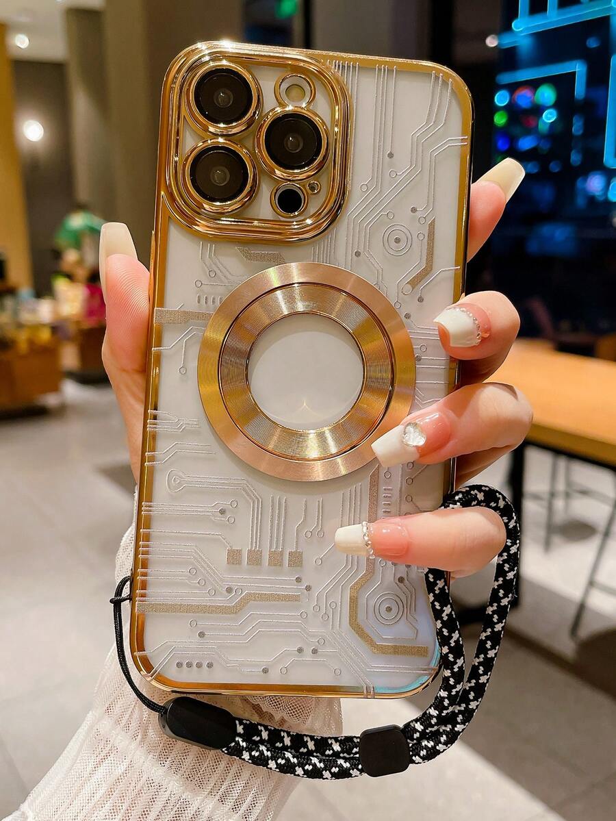 1入黑色cd紋理電鍍磁鐵手機殼,帶彩繪電路板和高清鏡片膜及可調式掛繩,防震保護套,適用於iphone - 香檳色 - 查看 1