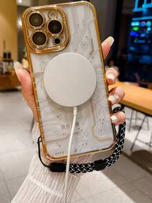 1入黑色cd紋理電鍍磁鐵手機殼,帶彩繪電路板和高清鏡片膜及可調式掛繩,防震保護套,適用於iphone - 香檳色 - 查看 2