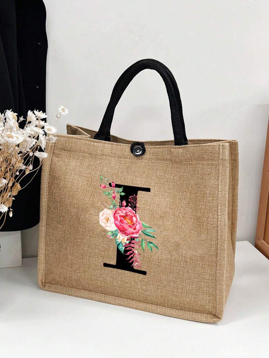 亞麻花信手提袋,個性化禮物袋,適用於婚禮、生日、海灘、假期等場合,是女性、母親、老師、朋友、伴娘、大包、學生及返校的完美禮物 - 卡其色 - 查看 1