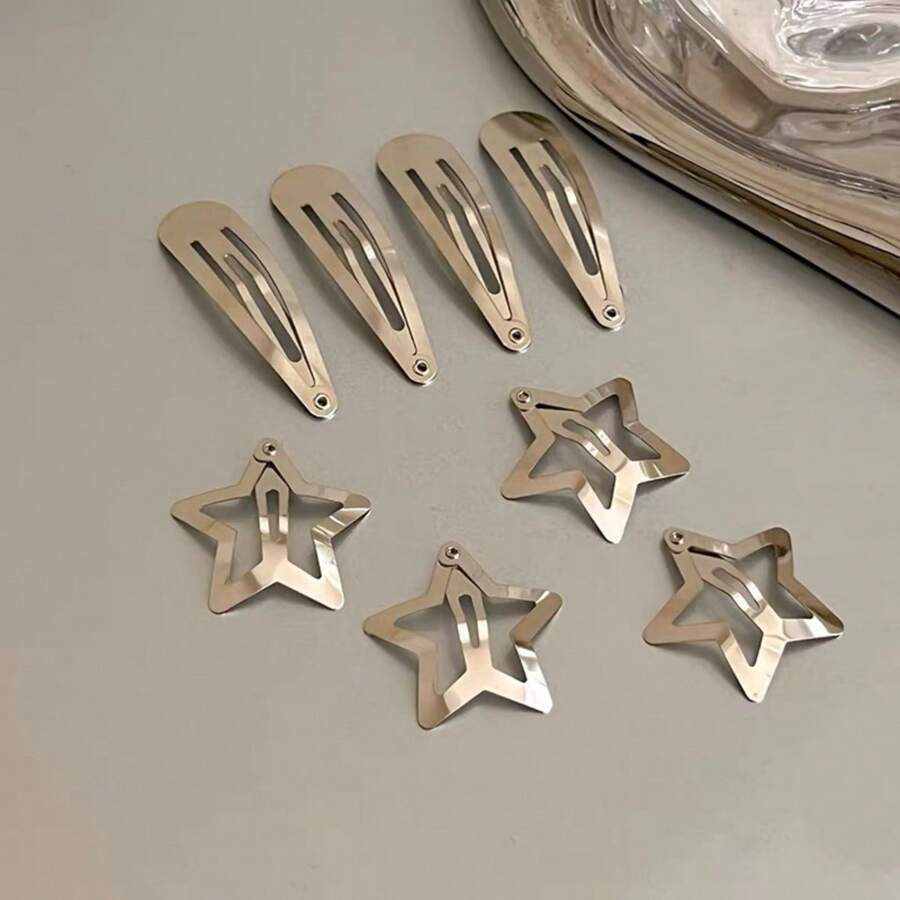 4pcs Silverplated Fivepointed Star Hair Clips & 4pcs Water Drop Hair