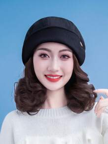 黑色帽檐貝雷帽-短卷髮-深棕色人造假髮 - 酒紅色 - 查看 7