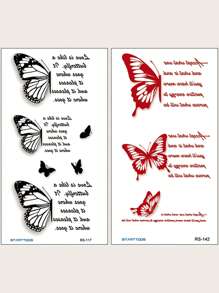 2 Piezas Tatuaje Temporal De Mariposa Negra Y Roja Con Patrón De Frase En Palabras, Pegatinas Para Tatuajes De Brazo, Muñeca Y Cuerpo - Multicolor - Ver 3