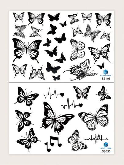 STARTTOOS 1張黑色蝴蝶紋圖案y2k風格防水暫時性紋身貼紙, 腕部身體藝術