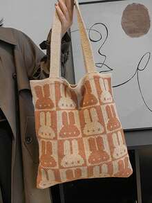 可愛兔子印花鉤針編織袋,可愛卡通針織單肩包,大容量流浪手提包,女性兔子印花休閒手提包和購物袋,可愛兔子圖案鉤針編織袋,時尚編織單肩包,女性輕便通勤者手提包,兔子圖案鉤針編織袋,針織手提包,文學夏季沙灘旅行包 - 駝色 - 查看 6