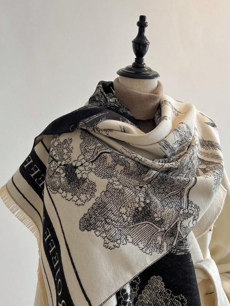1條女式雙面仿開司米黑白色花卉提花暖護頸圍巾,適用於秋冬日常使用,優雅 - 黑與白 - 查看 4