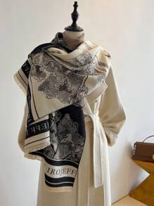 1pc Ladies' Double-Sided Faux Cashmere Black & White Floral Jacquard Warm Scarf Shawl, Suitable For Everyday Use In Autumn And Winter Elegant