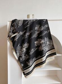 1pc Ladies' Double-Sided Faux Cashmere Black & White Floral Jacquard Warm Scarf Shawl, Suitable For Everyday Use In Autumn And Winter Elegant