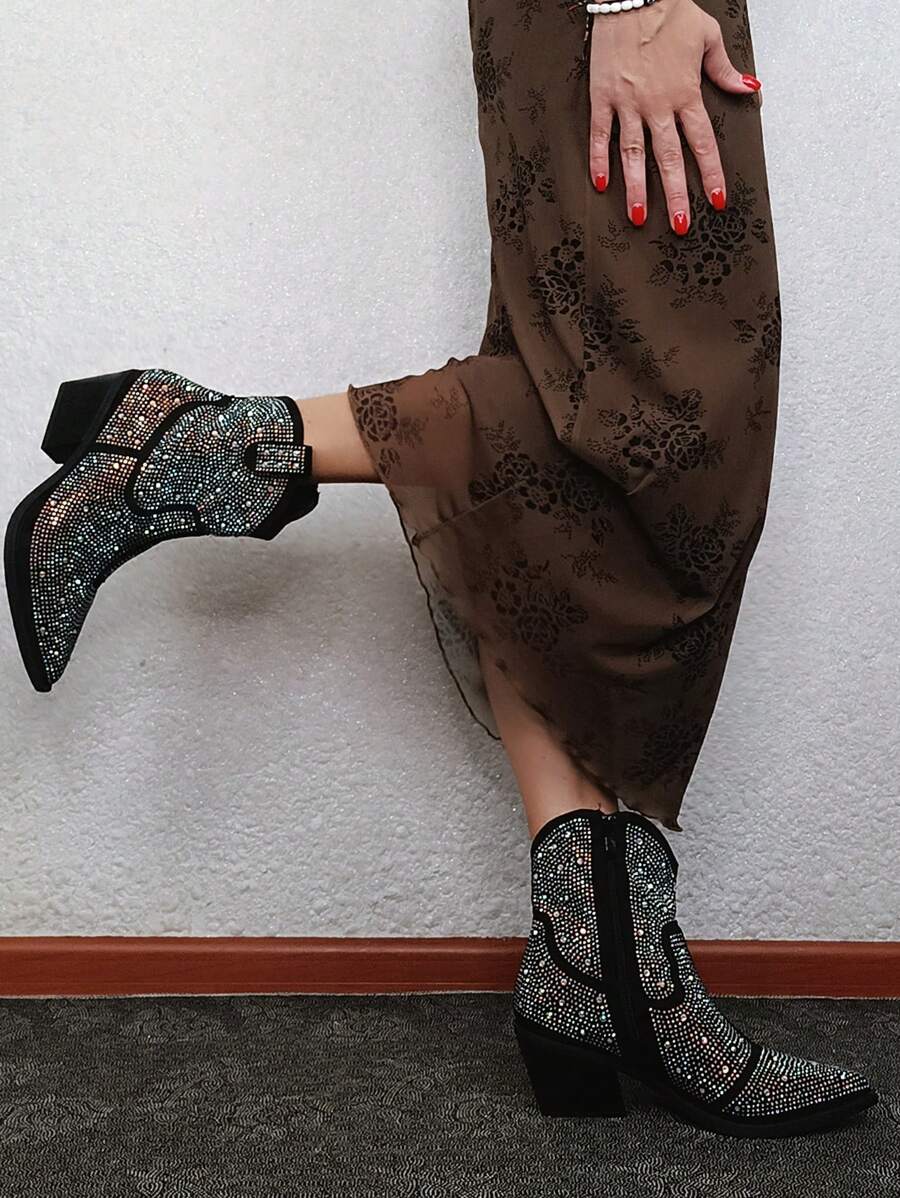 Women's Rhinestone Decorated Cowboy Boots, Side Zipper, Chunky Heel ...