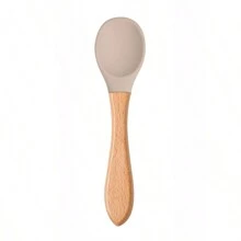 Food-grade Children's Silicone Spoon And Fork Set With Wooden Handle - Khaki - View 4