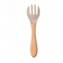 Food-grade Children's Silicone Spoon And Fork Set With Wooden Handle - Khaki - View 3