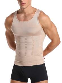 男士胸部壓縮塑身衣襯衫減肥腹肌塑身內衣 - 米色 - 查看 2