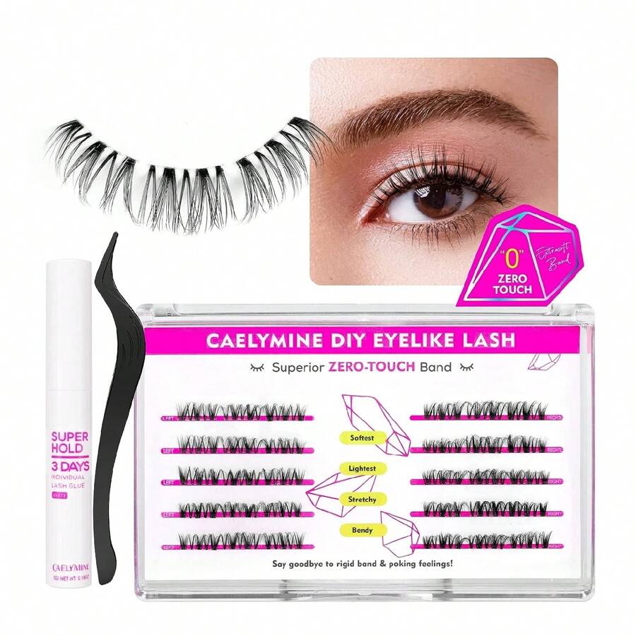 Caelymine睫毛蘊合套裝,適用於初學者diy假睫毛,3步驟使用串珠式長睫毛套裝,超級柔軟的睫毛自然外觀,配有鑲嵌物和睫毛膠水(編號rdb12） - 黑色 - 查看 1