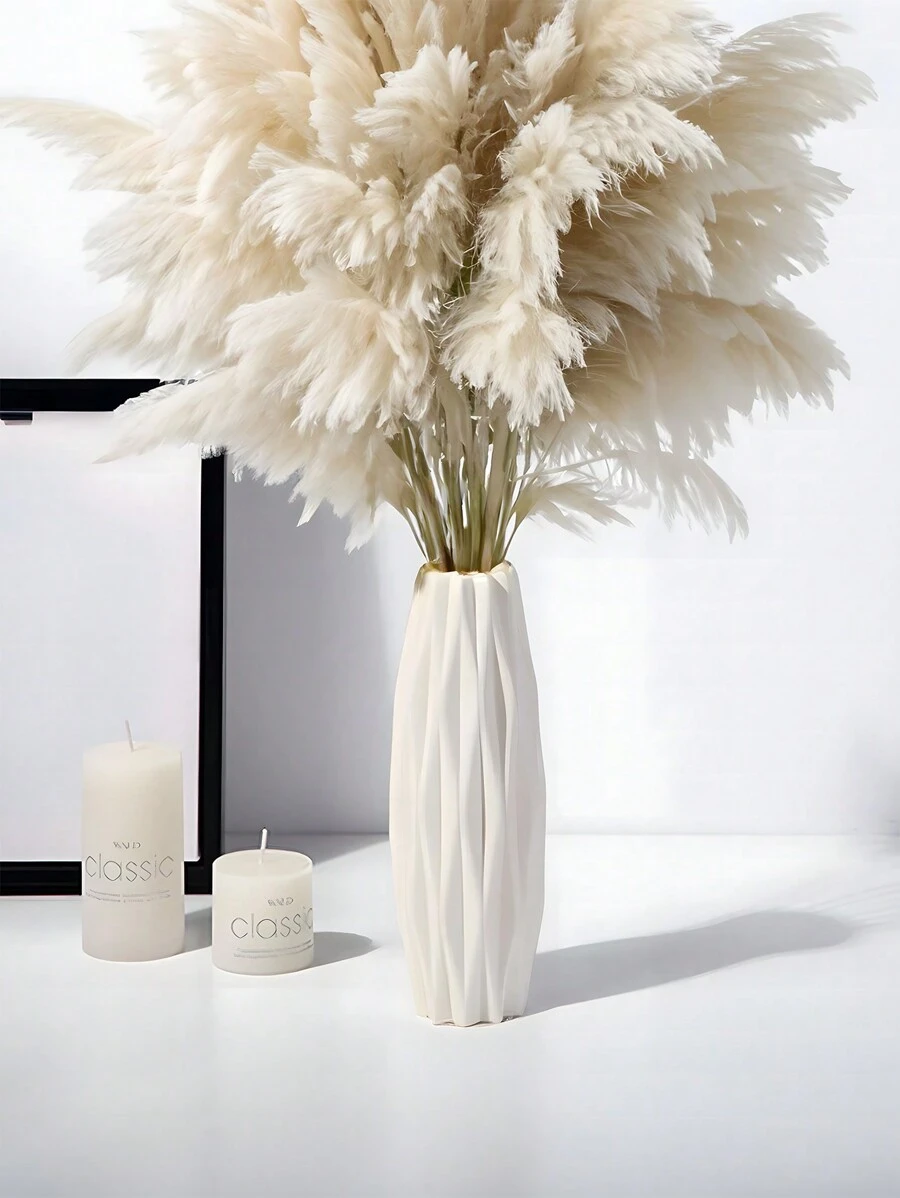 1 pieza Jarrón cilíndrico moderno y minimalista de plástico con apariencia de cerámica, con hierba pampa alta, jarrón blanco ondulado con textura, decoración floral artificial, centro de mesa para el hogar, boda, oficina