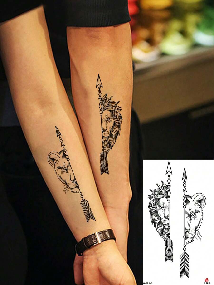 1pc Half Face Lion Tiger Pattern Temporary Tattoo Sticker - Black - View 1