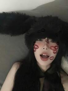 Mũ len trang trí tai thỏ ấm áp bằng lông nhung dễ thương dành cho nữ, màu trơn, thích hợp cho các hoạt động ngoài trời vào mùa thu và mùa đông như đi xe đạp, trượt tuyết, nhập vai và mặc hàng ngày - màu đen - Xem 6