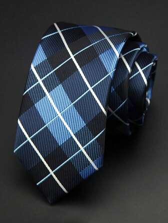 1pc Men's 6cm Slim Necktie, Blue Plaid Pattern Casual Tie For Wedding And Party WorkMen Necktie