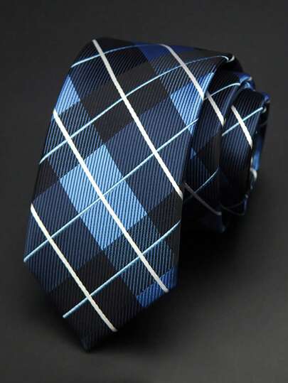 1pc Men's 6cm Slim Necktie, Blue Plaid Pattern Casual Tie For Wedding And Party WorkMen Necktie