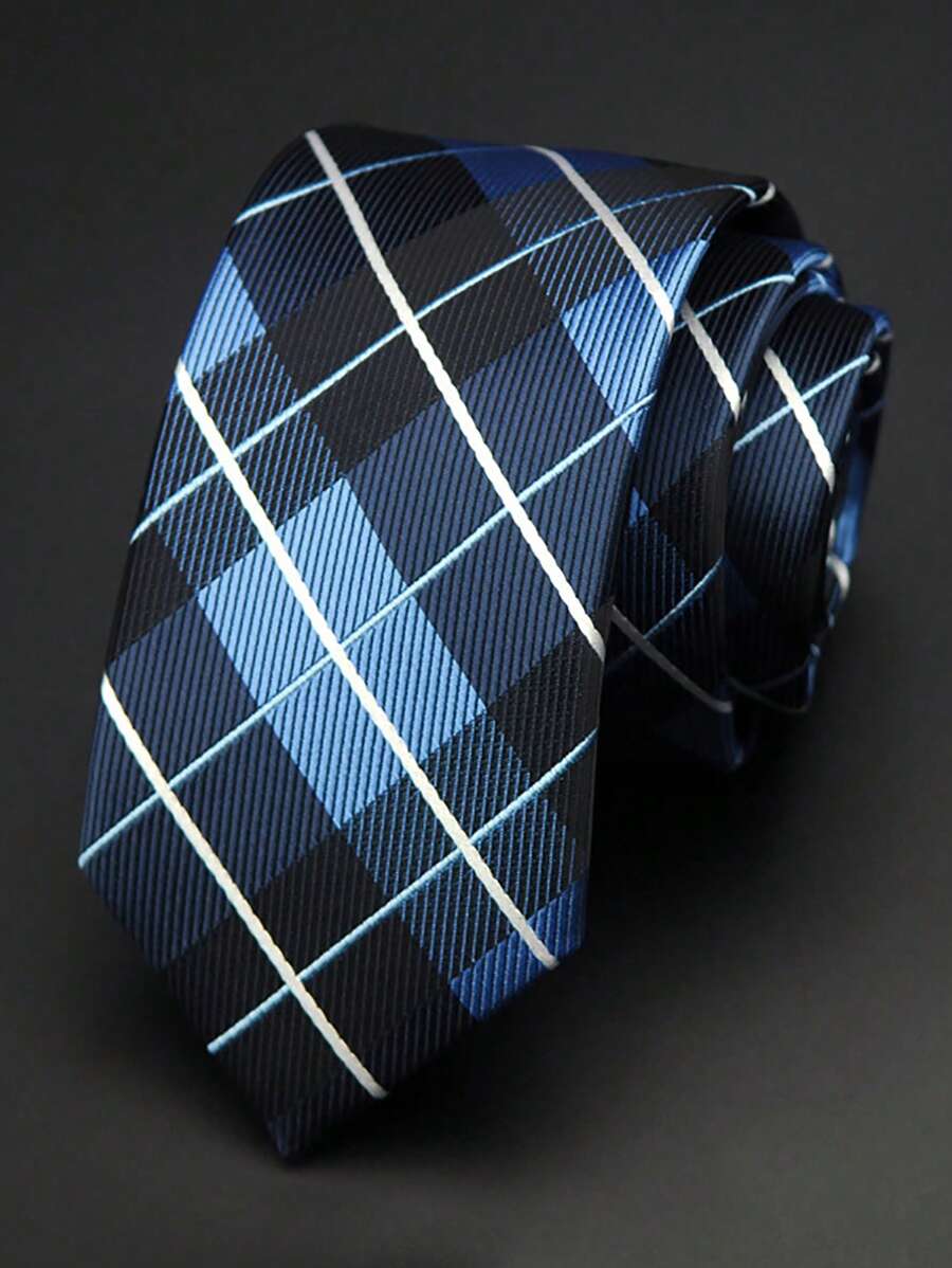1pc Men's 6cm Slim Necktie, Blue Plaid Pattern Casual Tie For Wedding And Party WorkMen Necktie - Multicolor - View 1