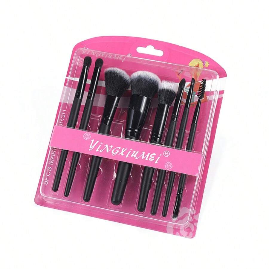 Juego de 8 piezas de brochas de maquillaje con mango de madera, set de brochas, kit de brochas de maquillaje, set de brochas de maquillaje, kit de maquillaje completo, set de brochas de maquillaje, kit de maquillaje completo, set de brochas, set de brochas de maquillaje, set de regalo de maquillaje, set - Negro - Ver 1