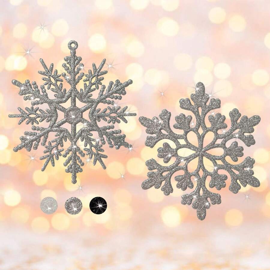 12 件圣诞白色雪花饰品塑料闪光雪花饰品适用于冬季圣诞树装饰尺寸各异的工艺雪花，圣诞节 - 灑金銀色 - 查看 1