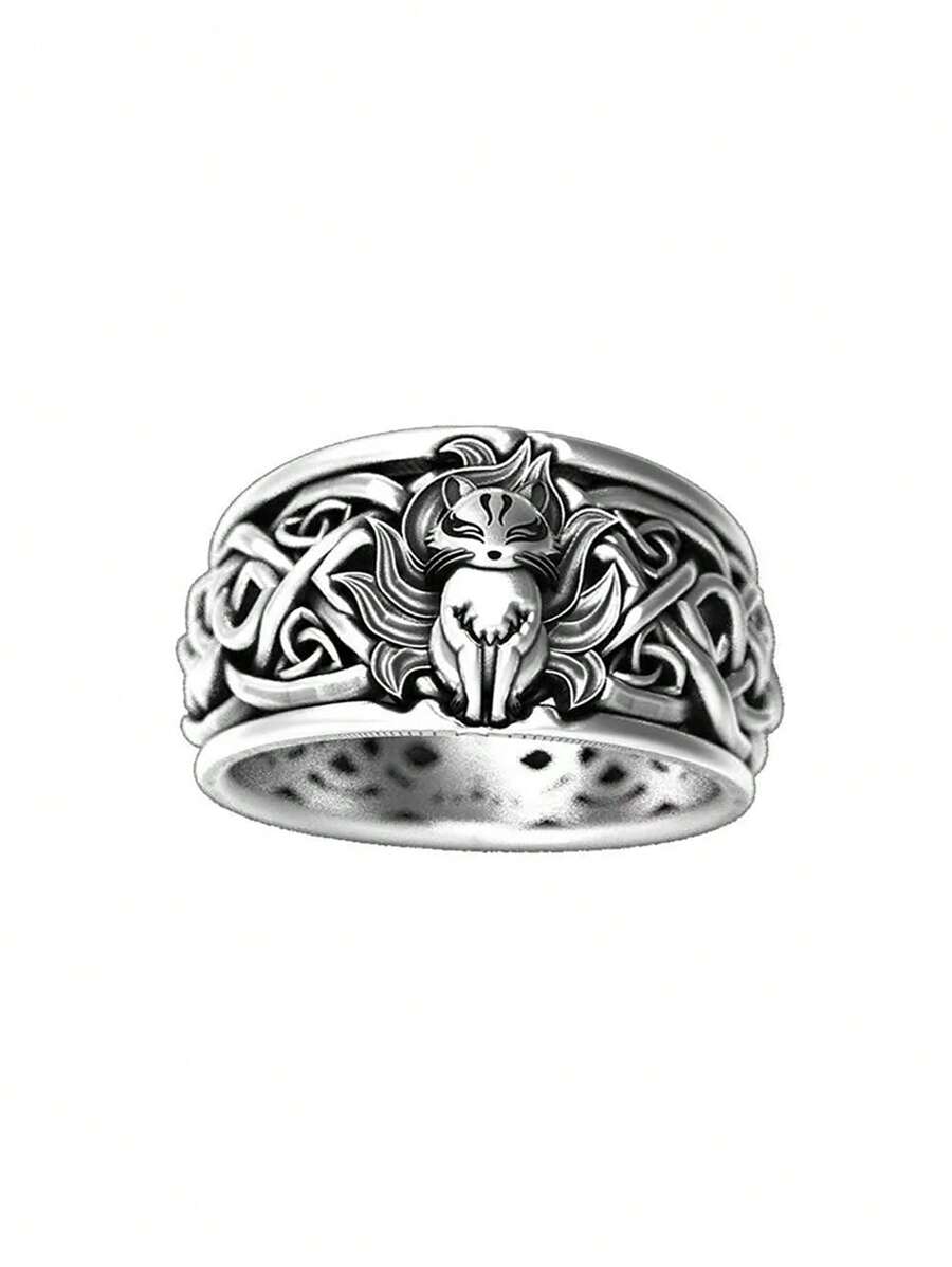 1pc Vintage Nine-Tailed Fox Pattern Ring With Fashionable & Personalized Design - Silver - View 1
