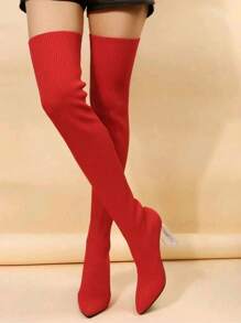 女士時尚紅色過膝尖頭靴,水晶鞋跟,編織彈性長筒靴,適用於秋冬季節 - 紅色 - 查看 1