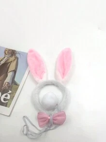 3 件套女士毛绒兔耳朵头带、尾巴和领结套装，3 种颜色可选，适合节日派对、表演和日常装扮道具万圣节 - 淺粉色 - 查看 1