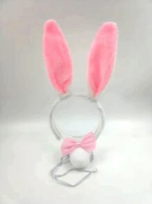 3 件套女士毛绒兔耳朵头带、尾巴和领结套装，3 种颜色可选，适合节日派对、表演和日常装扮道具万圣节 - 淺粉色 - 查看 5