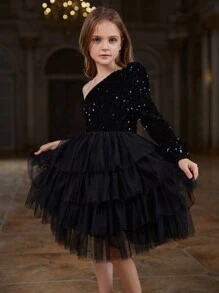 Tween Girl One Shoulder Long Sleeve Layered Mesh Hem Party Dress - Black - View 4