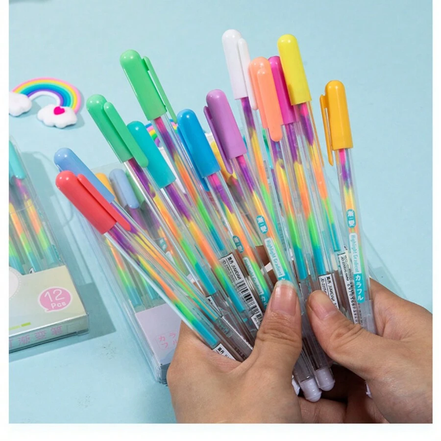2 Paquetes de Bolígrafos de Colores Arcoíris con 12 Piezas de colores Variados 0.8mm  , Lapicero para escribir , Bolígrafo , plumón , Útiles escolares para la escuela , colores pasteles para niñas y niños , lapiceros - Multicolor - Ver 1