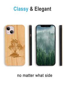 1 Pieza Funda De Teléfono De Madera Con Patrón De Palmera Compatible Con Iphone - Marrón - Ver 5