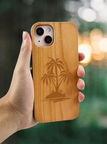 1 Pieza Funda De Teléfono De Madera Con Patrón De Palmera Compatible Con Iphone - Marrón - Ver 1