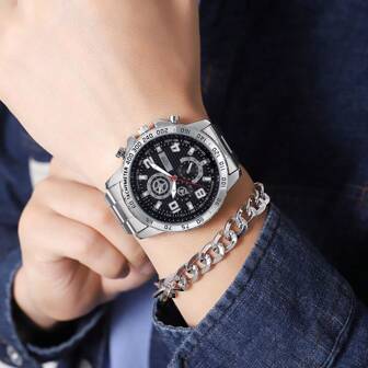 SZTME Fashionable Men's Stainless Steel Band & Silver Case Black Dial Watch Set