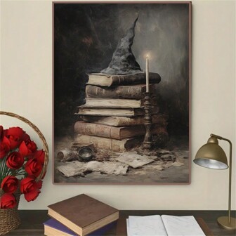 1Pc Frameless Vintage Magical Witchcraft Book Poster Dark Academia Wall Art Candle Lighting Gothic Canvas Painting Halloween Home Decor No Frame Halloween Decor Room Decor