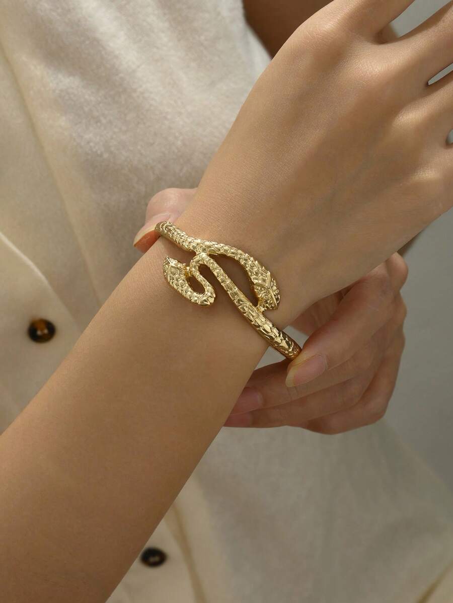 1pc Minimalist Metallic Snake Design Bangle, Suitable For Daily & Party Wear - Yellow Gold - View 1