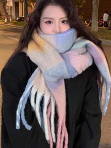 1 件女式多色滌綸網格圖案加厚法蘭絨圍巾 - 彩色 - 查看 3