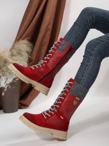 Women's Fashionable Red Winter Snow Boots, Comfortable, Anti-slip, Durable Outdoor Mid-calf Boots - Red - View 2