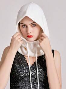 1頂女士針織羊毛帽子,適用於春秋冬,可拆式領子,保暖防風的毛線帽 - 白色 - 查看 2