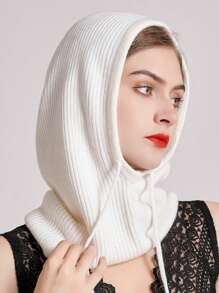 1頂女士針織羊毛帽子,適用於春秋冬,可拆式領子,保暖防風的毛線帽 - 白色 - 查看 3