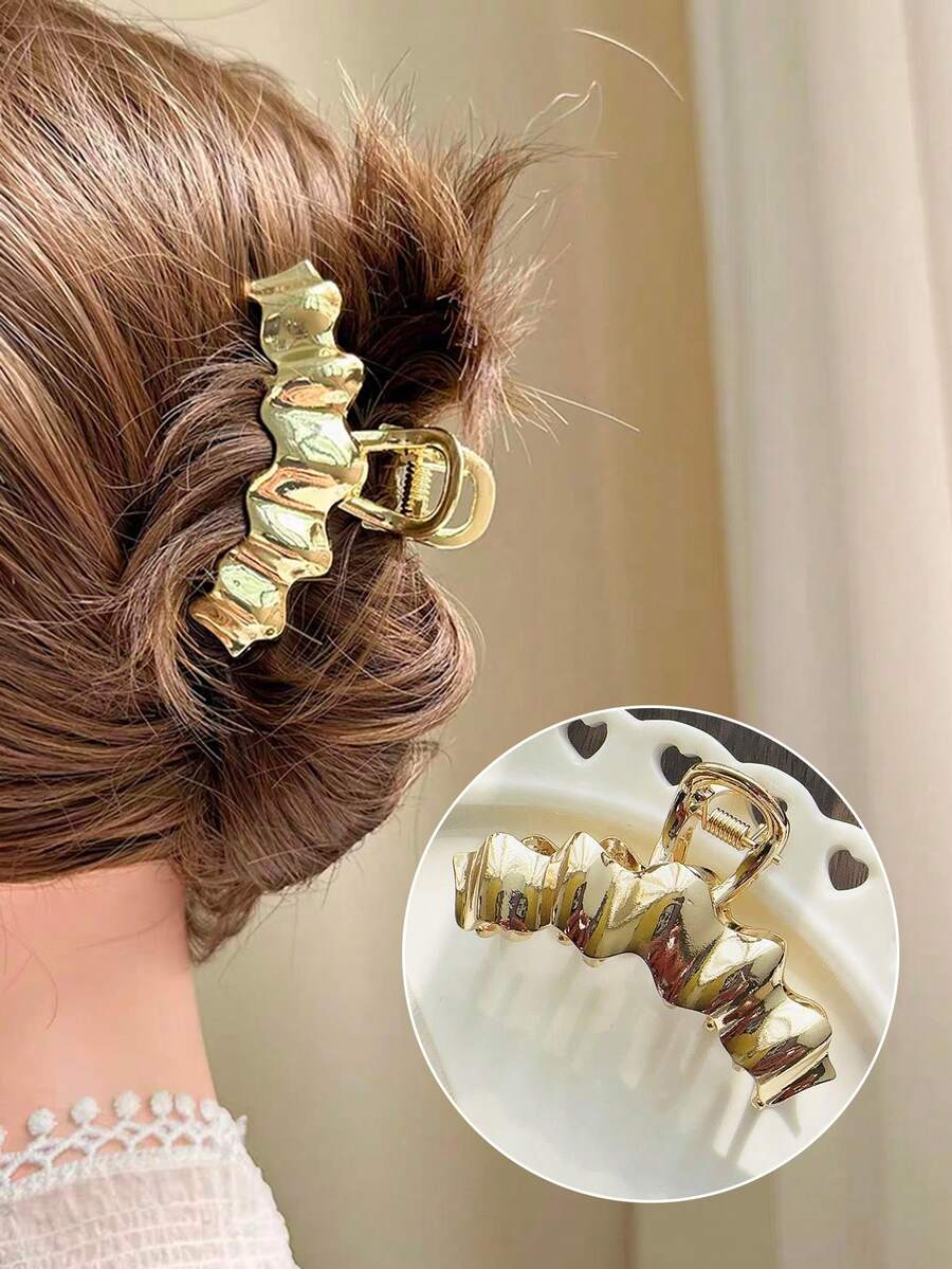 1 cái Vuốt tóc thiết kế dạng sóng kim loại, Vuốt tóc nhỏ để cố định kiểu tóc đuôi ngựa hoặc tóc buộc nửa - Vàng - Xem 1